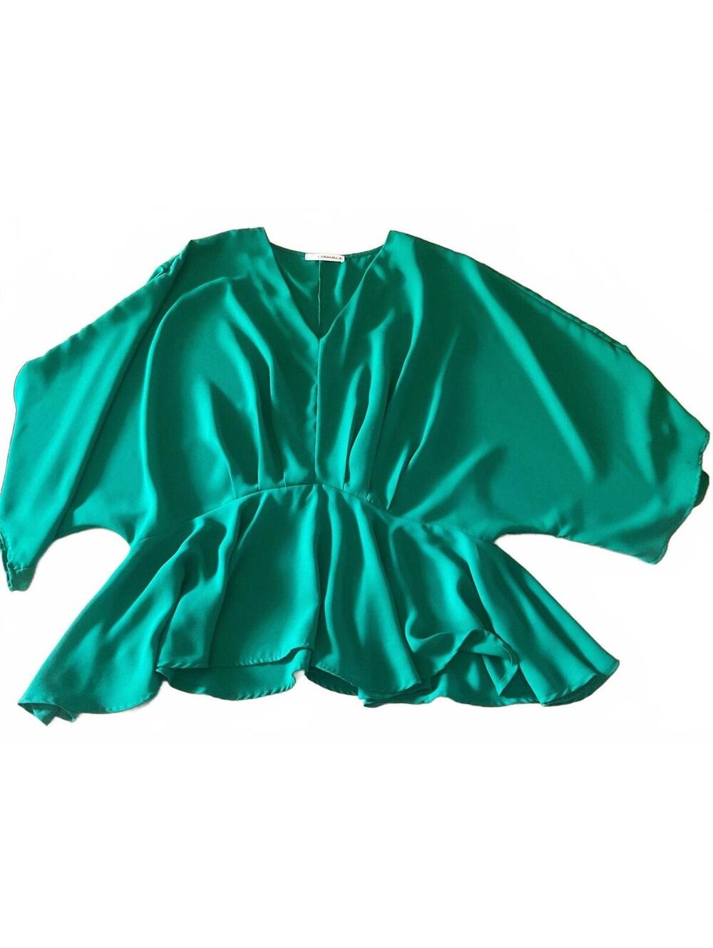 V Neck Batwing Peplum Top Emerald Crepe